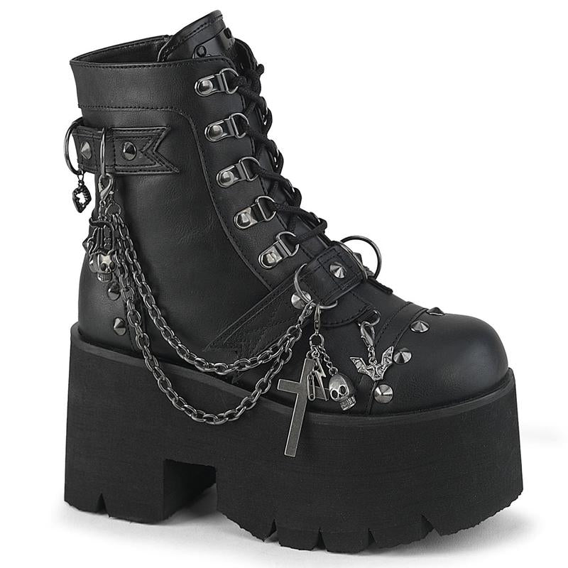 Demonia Ashes-52 Chunky Heel Platform D-Ring Lace-Up Ankle Boot with Metal Details