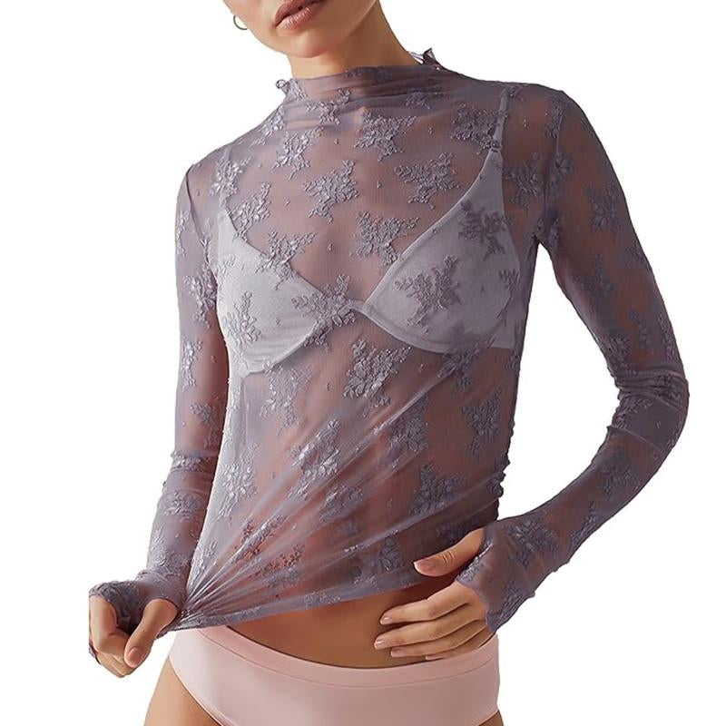 Arssm 2-Pieces Mature Lace Tops for Women'S Mesh Long Sleeve Mock Neck Sheer Blouse Floral See through Layering Top Slim Shirts Casual Chic Fitted Elegant Summer Outfit - Womenswear