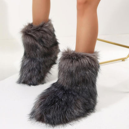 Furry Fluffy Women Snow Boots Warmplush Knee High Flats Luxury Fashion Punk Goth Cosplay Women Winter Shoes