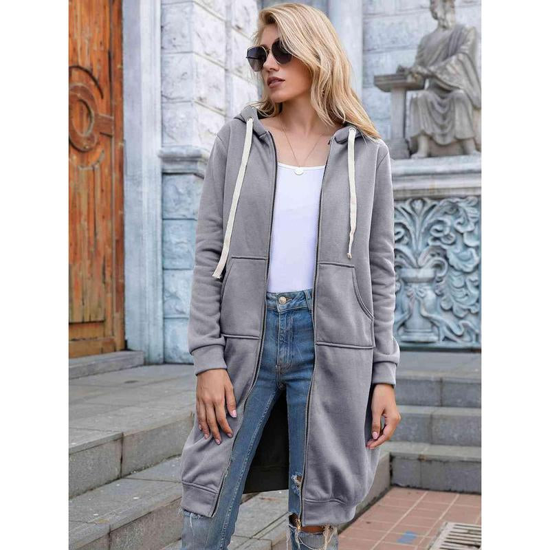Zip-Up Longline Hoodie with Pockets