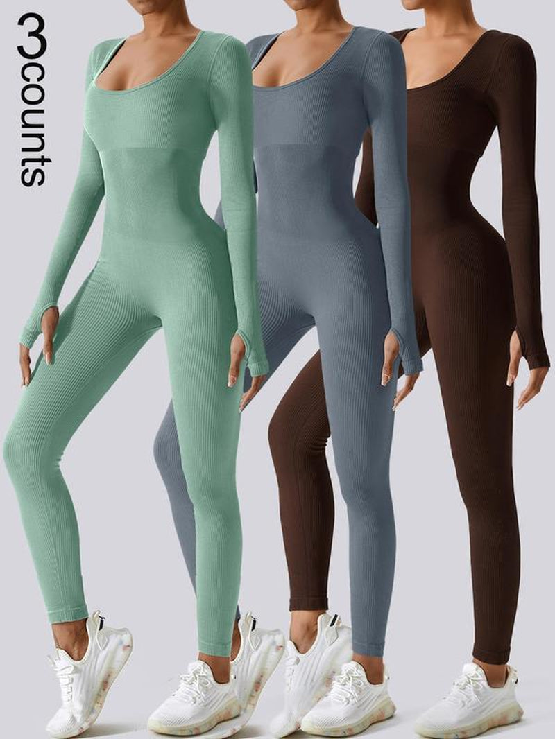 Women'S Solid Ribbed Long Sleeve Sports Playsuit Tummy Control Jumpsuit, Workout Ribbed Long Sleeve Exercise Bodycon Jumpsuit, Seamless Jumpsuits One-Piece Yoga Suit, Summer Outfits 2024