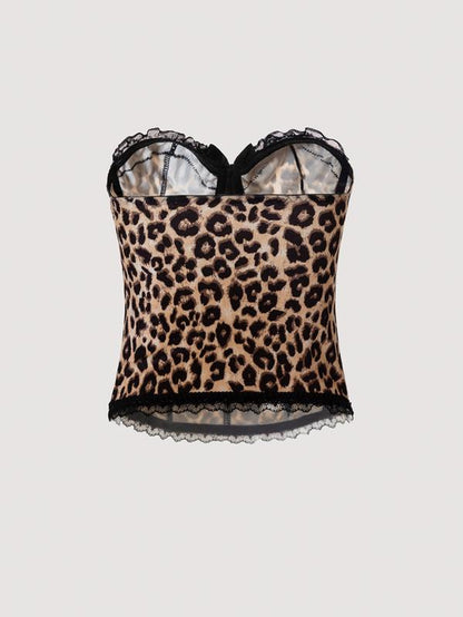 Women'S Sexy Bodycon Leopard Print Cami Top, European and American Style Lace Spliced Vest, Ideal for Outings and Layering