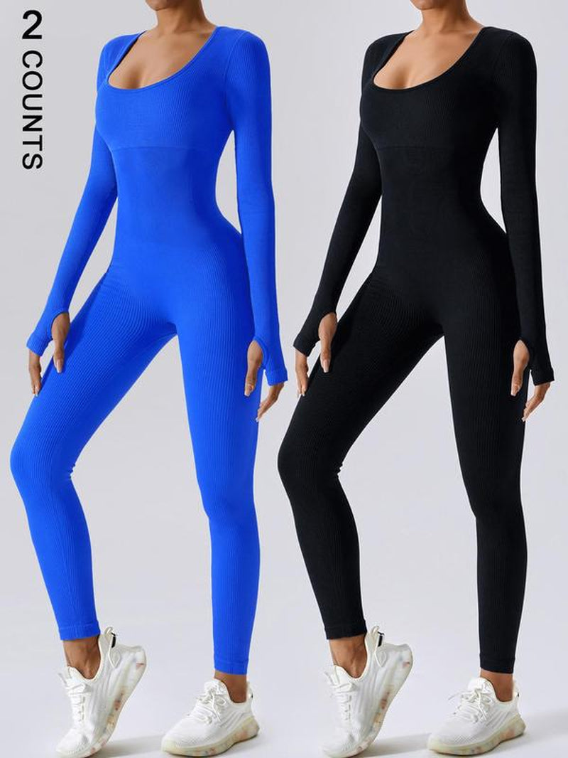 Women'S Solid Ribbed Long Sleeve Sports Playsuit Tummy Control Jumpsuit, Workout Ribbed Long Sleeve Exercise Bodycon Jumpsuit, Seamless Jumpsuits One-Piece Yoga Suit, Summer Outfits 2024
