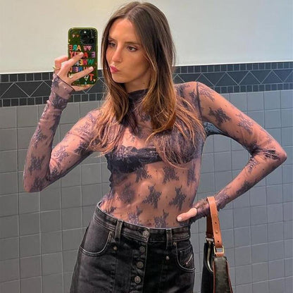 Arssm 2-Pieces Mature Lace Tops for Women'S Mesh Long Sleeve Mock Neck Sheer Blouse Floral See through Layering Top Slim Shirts Casual Chic Fitted Elegant Summer Outfit - Womenswear