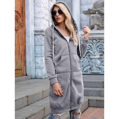 Zip-Up Longline Hoodie with Pockets