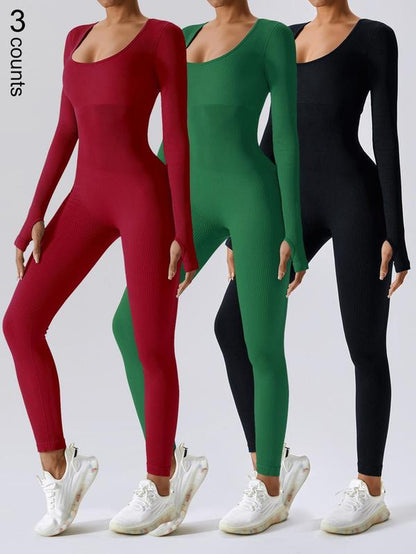 Women'S Solid Ribbed Long Sleeve Sports Playsuit Tummy Control Jumpsuit, Workout Ribbed Long Sleeve Exercise Bodycon Jumpsuit, Seamless Jumpsuits One-Piece Yoga Suit, Summer Outfits 2024