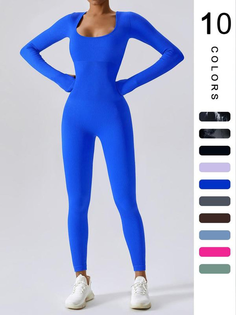 Women'S Solid Ribbed Long Sleeve Sports Playsuit Tummy Control Jumpsuit, Workout Ribbed Long Sleeve Exercise Bodycon Jumpsuit, Seamless Jumpsuits One-Piece Yoga Suit, Summer Outfits 2024