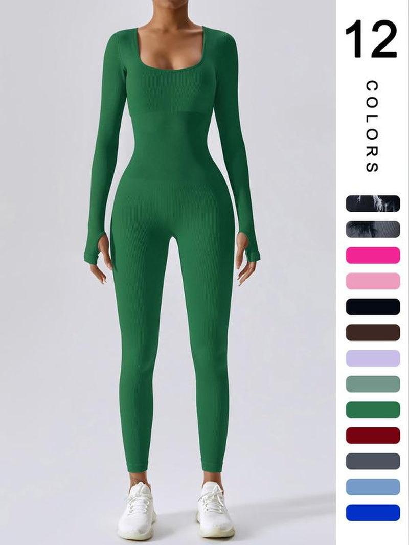 Women'S Solid Ribbed Long Sleeve Sports Playsuit Tummy Control Jumpsuit, Workout Ribbed Long Sleeve Exercise Bodycon Jumpsuit, Seamless Jumpsuits One-Piece Yoga Suit, Summer Outfits 2024