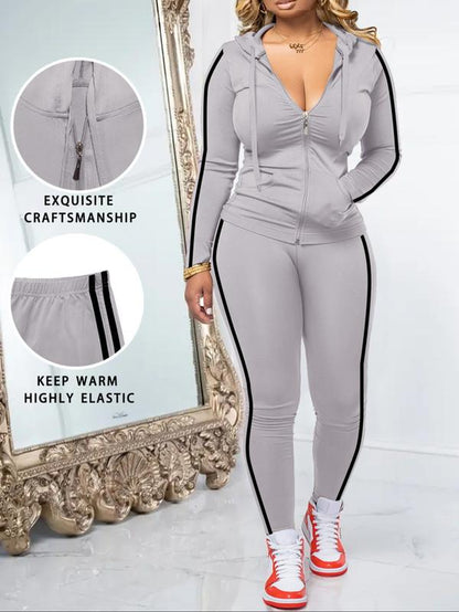 Women'S Fall Zipper Hoodie and Skinny Pants Set, Casual Long Sleeve Pullover with Pocket Design, Two-Piece for Daily Wear