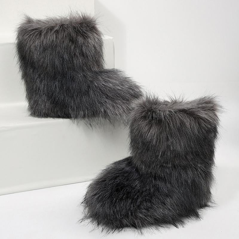 Furry Fluffy Women Snow Boots Warmplush Knee High Flats Luxury Fashion Punk Goth Cosplay Women Winter Shoes