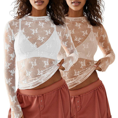 Arssm 2-Pieces Mature Lace Tops for Women'S Mesh Long Sleeve Mock Neck Sheer Blouse Floral See through Layering Top Slim Shirts Casual Chic Fitted Elegant Summer Outfit - Womenswear