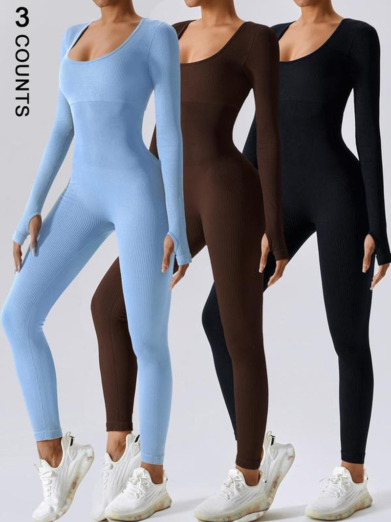 Women'S Solid Ribbed Long Sleeve Sports Playsuit Tummy Control Jumpsuit, Workout Ribbed Long Sleeve Exercise Bodycon Jumpsuit, Seamless Jumpsuits One-Piece Yoga Suit, Summer Outfits 2024
