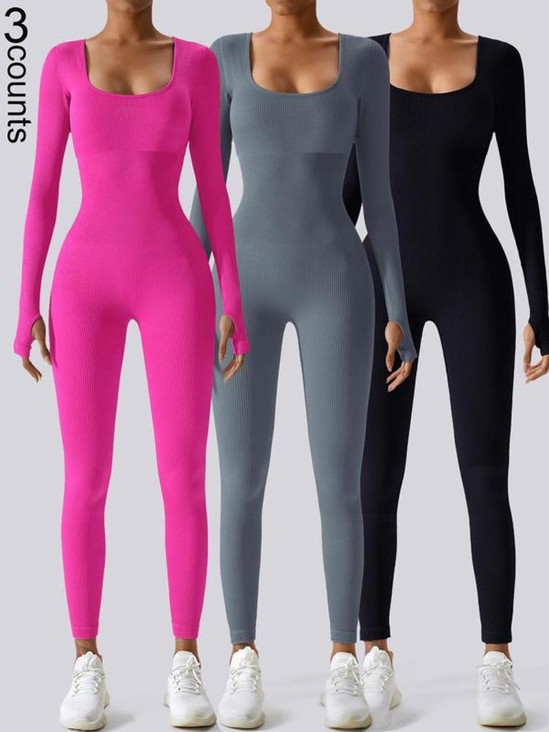 Women'S Solid Ribbed Long Sleeve Sports Playsuit Tummy Control Jumpsuit, Workout Ribbed Long Sleeve Exercise Bodycon Jumpsuit, Seamless Jumpsuits One-Piece Yoga Suit, Summer Outfits 2024