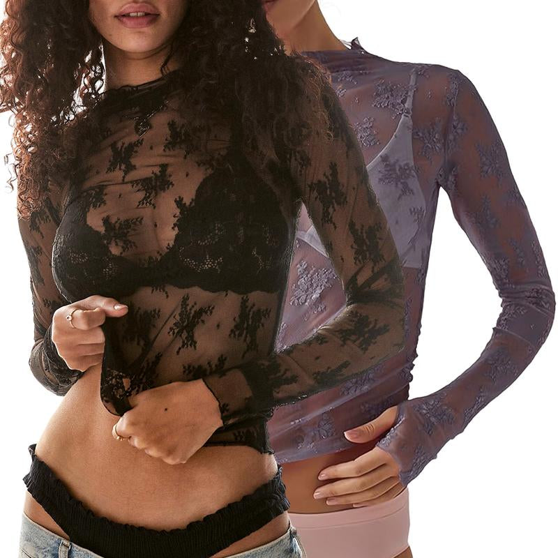 Arssm 2-Pieces Mature Lace Tops for Women'S Mesh Long Sleeve Mock Neck Sheer Blouse Floral See through Layering Top Slim Shirts Casual Chic Fitted Elegant Summer Outfit - Womenswear