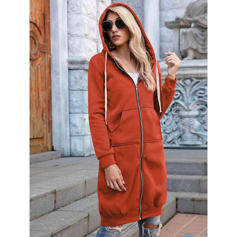 Zip-Up Longline Hoodie with Pockets