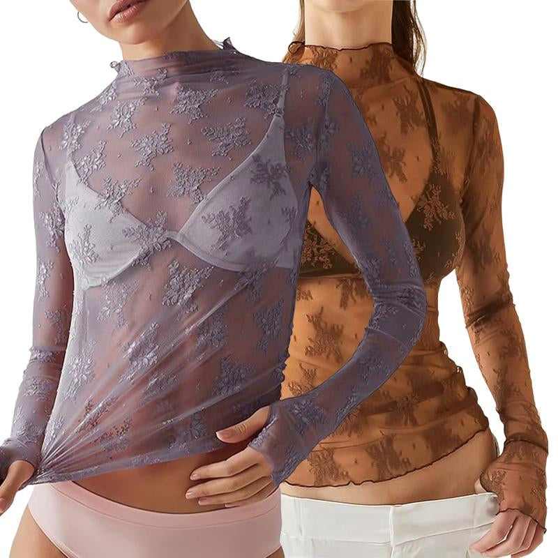 Arssm 2-Pieces Mature Lace Tops for Women'S Mesh Long Sleeve Mock Neck Sheer Blouse Floral See through Layering Top Slim Shirts Casual Chic Fitted Elegant Summer Outfit - Womenswear