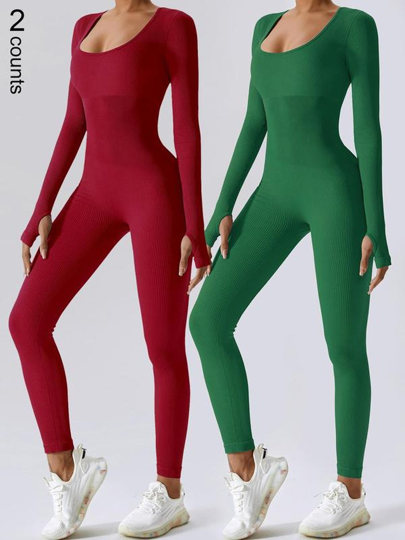 Women'S Solid Ribbed Long Sleeve Sports Playsuit Tummy Control Jumpsuit, Workout Ribbed Long Sleeve Exercise Bodycon Jumpsuit, Seamless Jumpsuits One-Piece Yoga Suit, Summer Outfits 2024