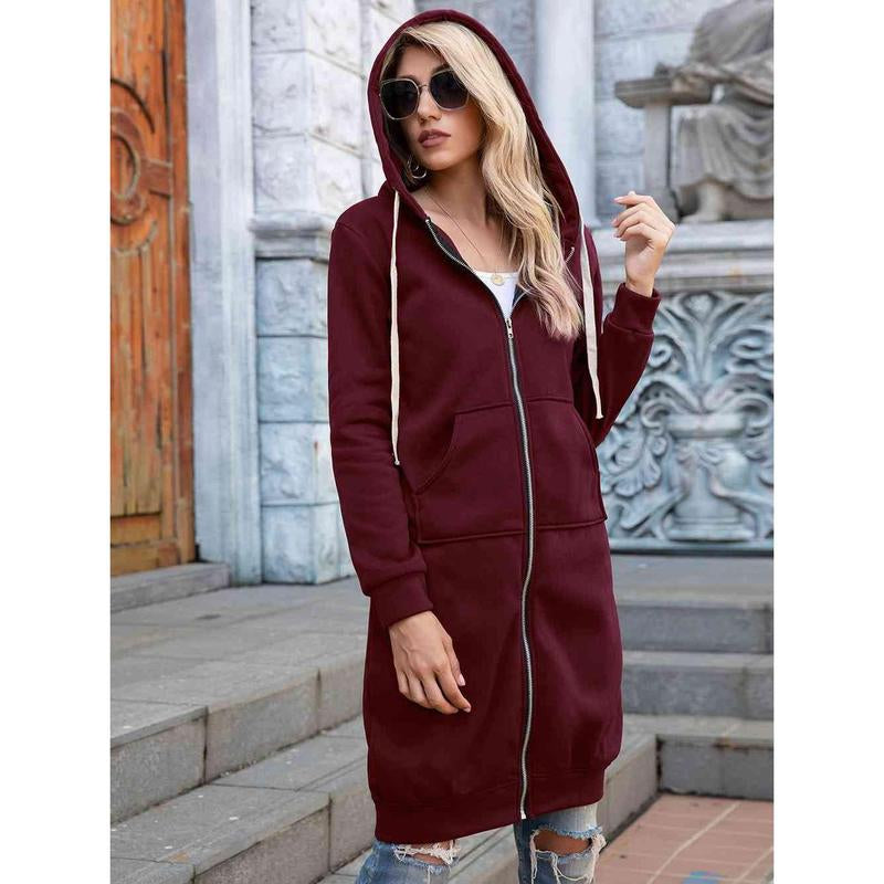 Zip-Up Longline Hoodie with Pockets