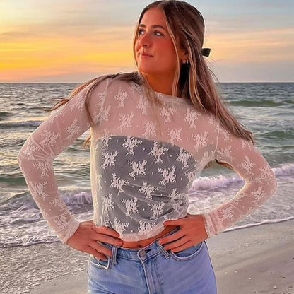 Arssm 2-Pieces Mature Lace Tops for Women'S Mesh Long Sleeve Mock Neck Sheer Blouse Floral See through Layering Top Slim Shirts Casual Chic Fitted Elegant Summer Outfit - Womenswear