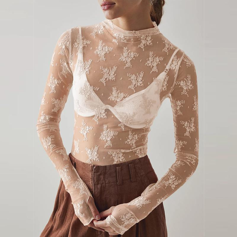 Arssm 2-Pieces Mature Lace Tops for Women'S Mesh Long Sleeve Mock Neck Sheer Blouse Floral See through Layering Top Slim Shirts Casual Chic Fitted Elegant Summer Outfit - Womenswear