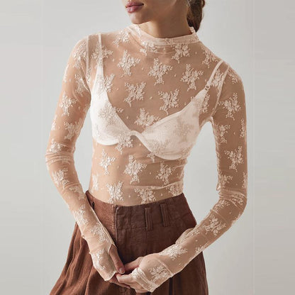 Arssm 2-Pieces Mature Lace Tops for Women'S Mesh Long Sleeve Mock Neck Sheer Blouse Floral See through Layering Top Slim Shirts Casual Chic Fitted Elegant Summer Outfit - Womenswear