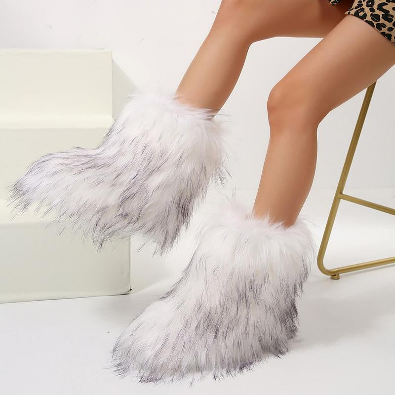 Furry Fluffy Women Snow Boots Warmplush Knee High Flats Luxury Fashion Punk Goth Cosplay Women Winter Shoes