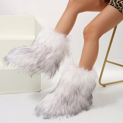 Furry Fluffy Women Snow Boots Warmplush Knee High Flats Luxury Fashion Punk Goth Cosplay Women Winter Shoes