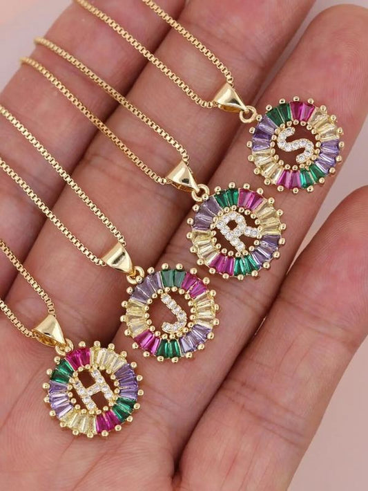 Fashion Colorful Rhinestone Decor Letter Design Pendant Necklace, Hollow Out round Pendant Necklace for Women, Fashion Jewelry for Clothing Decor, Chain