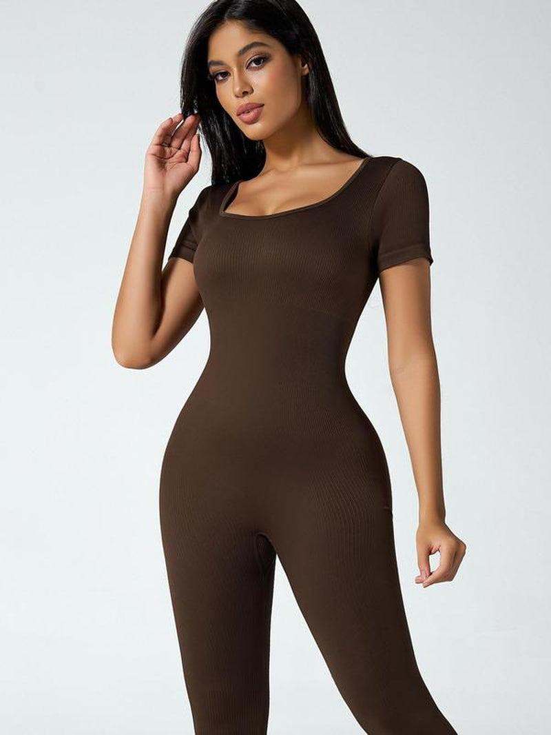 Women'S Solid Ribbed Long Sleeve Sports Playsuit Tummy Control Jumpsuit, Workout Ribbed Long Sleeve Exercise Bodycon Jumpsuit, Seamless Jumpsuits One-Piece Yoga Suit, Summer Outfits 2024