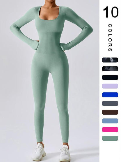 Women'S Solid Ribbed Long Sleeve Sports Playsuit Tummy Control Jumpsuit, Workout Ribbed Long Sleeve Exercise Bodycon Jumpsuit, Seamless Jumpsuits One-Piece Yoga Suit, Summer Outfits 2024