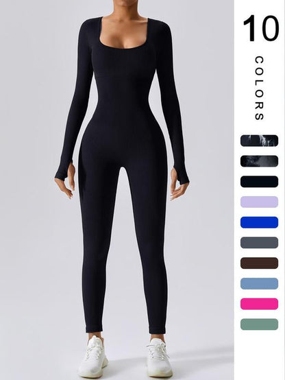 Women'S Solid Ribbed Long Sleeve Sports Playsuit Tummy Control Jumpsuit, Workout Ribbed Long Sleeve Exercise Bodycon Jumpsuit, Seamless Jumpsuits One-Piece Yoga Suit, Summer Outfits 2024