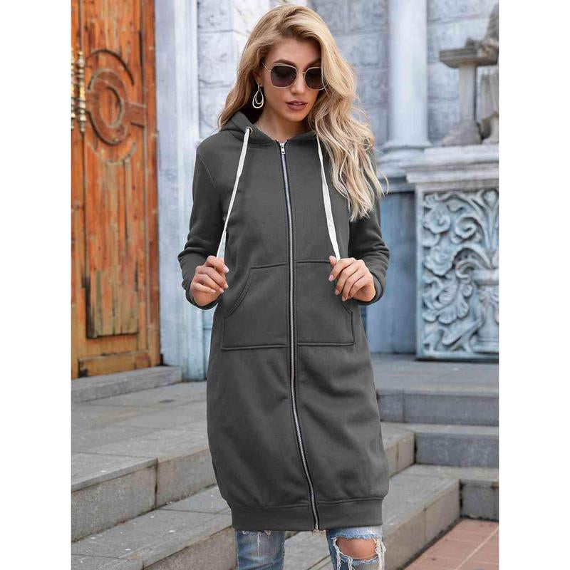Zip-Up Longline Hoodie with Pockets