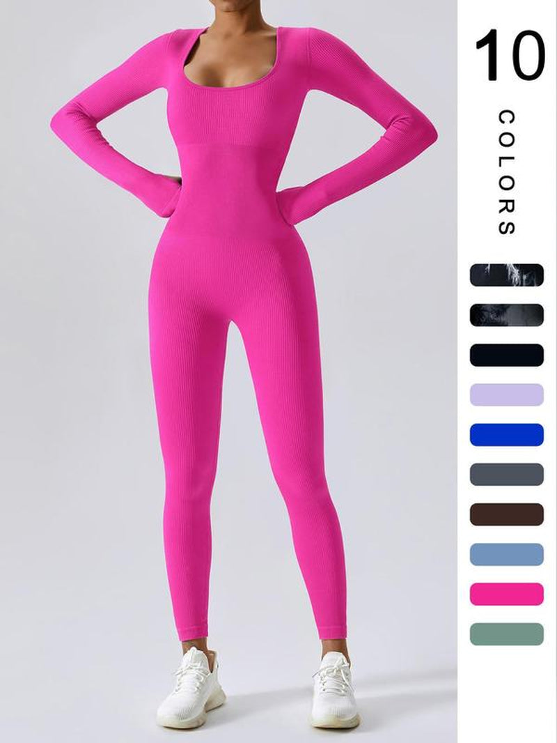 Women'S Solid Ribbed Long Sleeve Sports Playsuit Tummy Control Jumpsuit, Workout Ribbed Long Sleeve Exercise Bodycon Jumpsuit, Seamless Jumpsuits One-Piece Yoga Suit, Summer Outfits 2024
