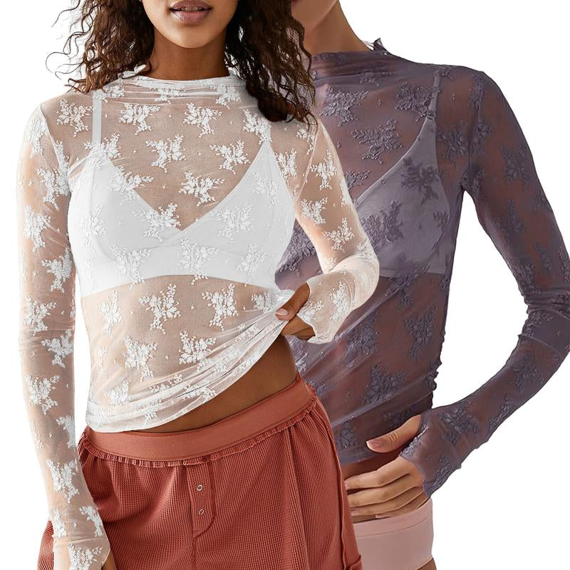 Arssm 2-Pieces Mature Lace Tops for Women'S Mesh Long Sleeve Mock Neck Sheer Blouse Floral See through Layering Top Slim Shirts Casual Chic Fitted Elegant Summer Outfit - Womenswear