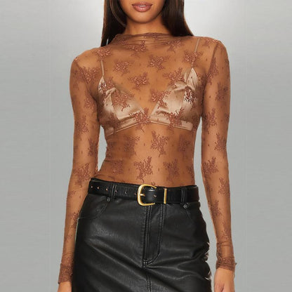 Arssm 2-Pieces Mature Lace Tops for Women'S Mesh Long Sleeve Mock Neck Sheer Blouse Floral See through Layering Top Slim Shirts Casual Chic Fitted Elegant Summer Outfit - Womenswear