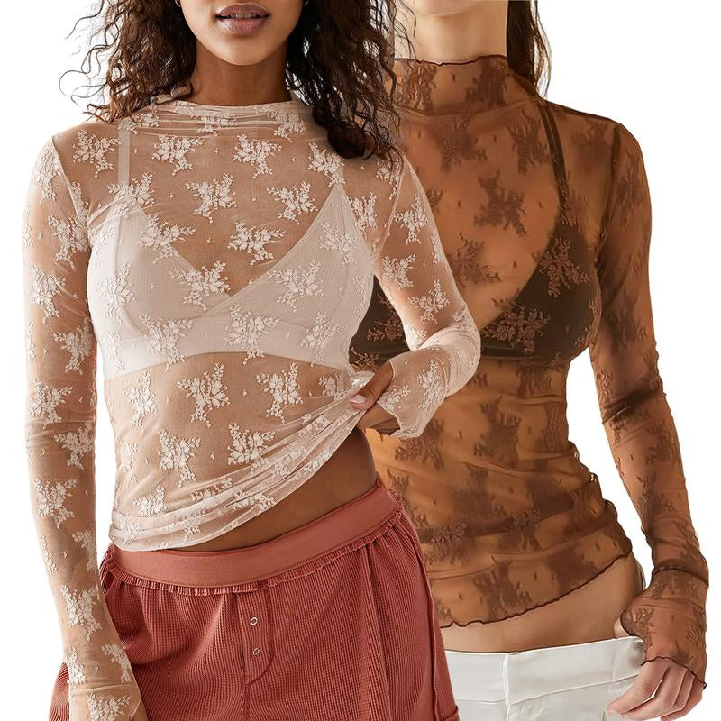 Arssm 2-Pieces Mature Lace Tops for Women'S Mesh Long Sleeve Mock Neck Sheer Blouse Floral See through Layering Top Slim Shirts Casual Chic Fitted Elegant Summer Outfit - Womenswear