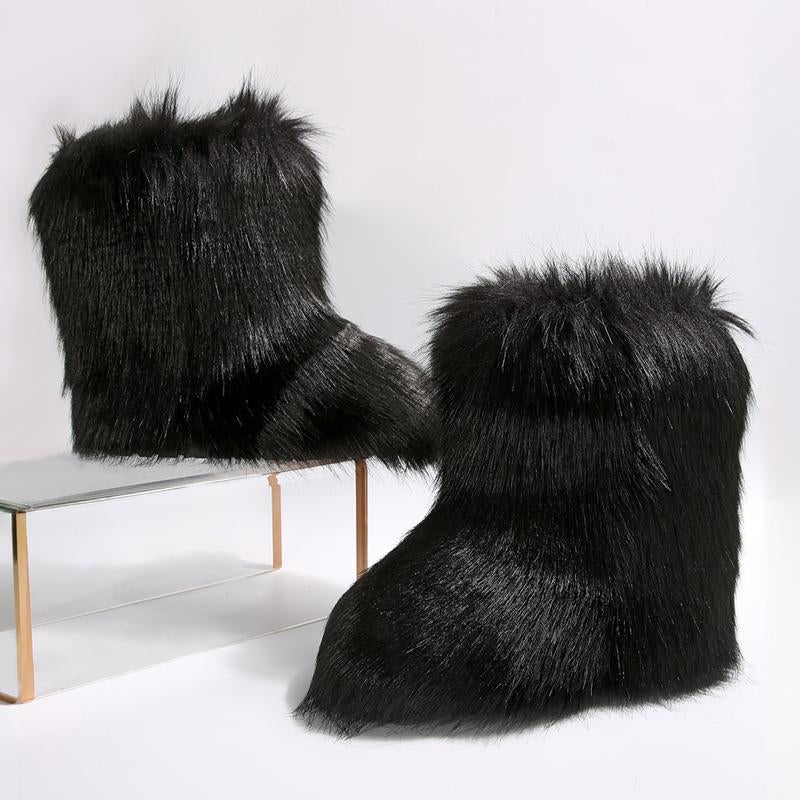 Furry Fluffy Women Snow Boots Warmplush Knee High Flats Luxury Fashion Punk Goth Cosplay Women Winter Shoes