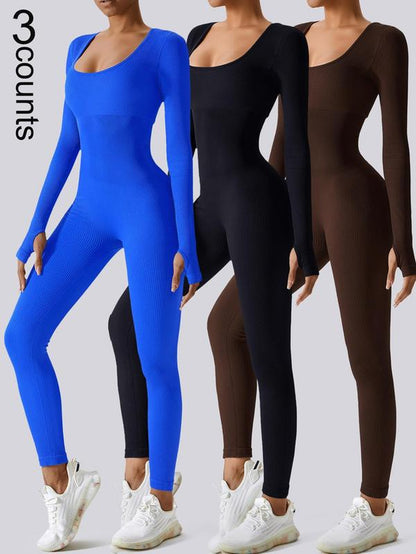 Women'S Solid Ribbed Long Sleeve Sports Playsuit Tummy Control Jumpsuit, Workout Ribbed Long Sleeve Exercise Bodycon Jumpsuit, Seamless Jumpsuits One-Piece Yoga Suit, Summer Outfits 2024