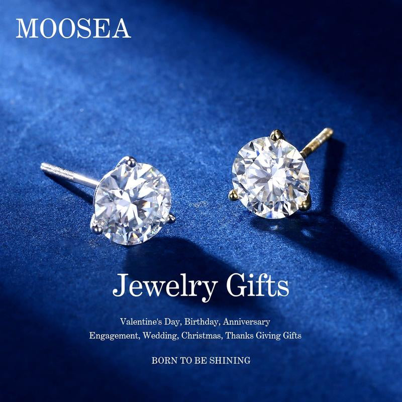 MOOSEA Martini Moissanite Earrings for Women Men, 0.2-4 Ct round D Color VVS1 Clarity Lab Created Earring 925 Sterling Silver Classic 3 Prong Moissanite Earrings Screw Back for Women Men