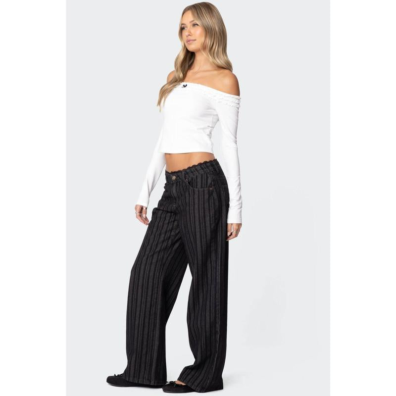 Lace Trim Striped Low Rise Jeans