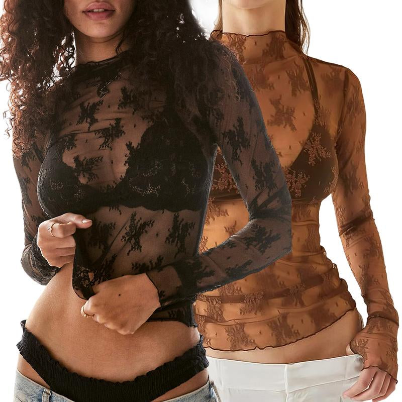 Arssm 2-Pieces Mature Lace Tops for Women'S Mesh Long Sleeve Mock Neck Sheer Blouse Floral See through Layering Top Slim Shirts Casual Chic Fitted Elegant Summer Outfit - Womenswear