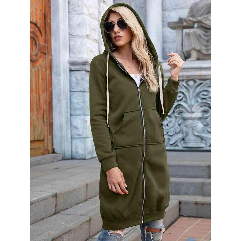 Zip-Up Longline Hoodie with Pockets
