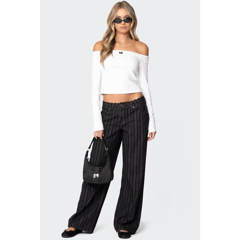 Lace Trim Striped Low Rise Jeans