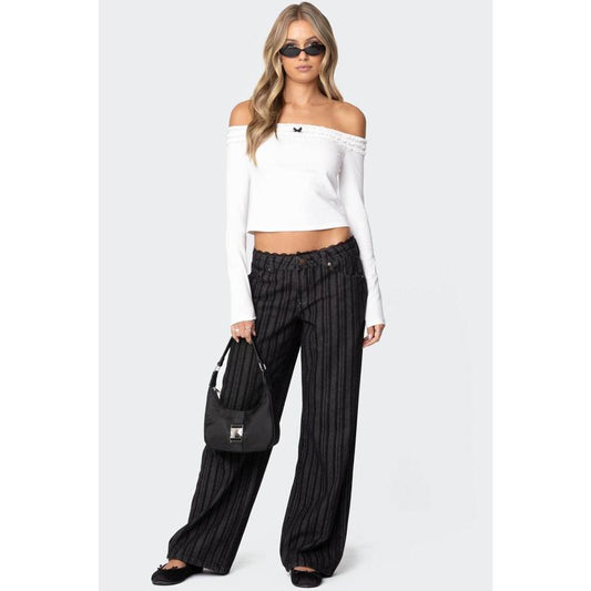 Lace Trim Striped Low Rise Jeans