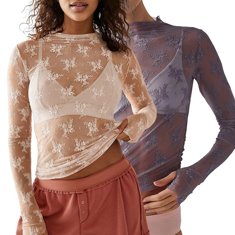 Arssm 2-Pieces Mature Lace Tops for Women'S Mesh Long Sleeve Mock Neck Sheer Blouse Floral See through Layering Top Slim Shirts Casual Chic Fitted Elegant Summer Outfit - Womenswear