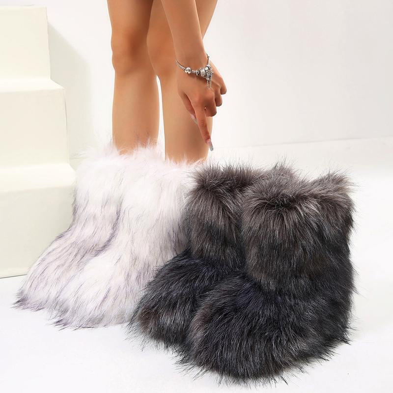 Furry Fluffy Women Snow Boots Warmplush Knee High Flats Luxury Fashion Punk Goth Cosplay Women Winter Shoes