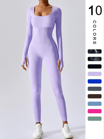 Women'S Solid Ribbed Long Sleeve Sports Playsuit Tummy Control Jumpsuit, Workout Ribbed Long Sleeve Exercise Bodycon Jumpsuit, Seamless Jumpsuits One-Piece Yoga Suit, Summer Outfits 2024