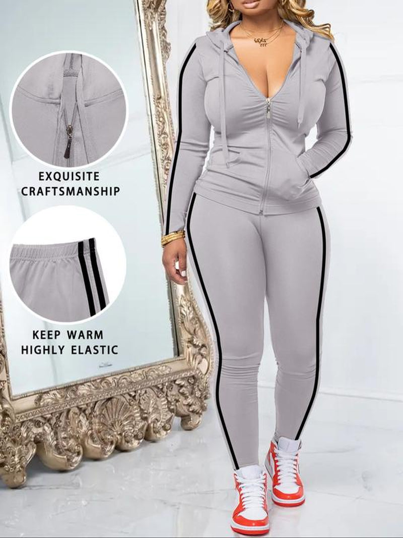 Women'S Fall Zipper Hoodie and Skinny Pants Set, Casual Long Sleeve Pullover with Pocket Design, Two-Piece for Daily Wear