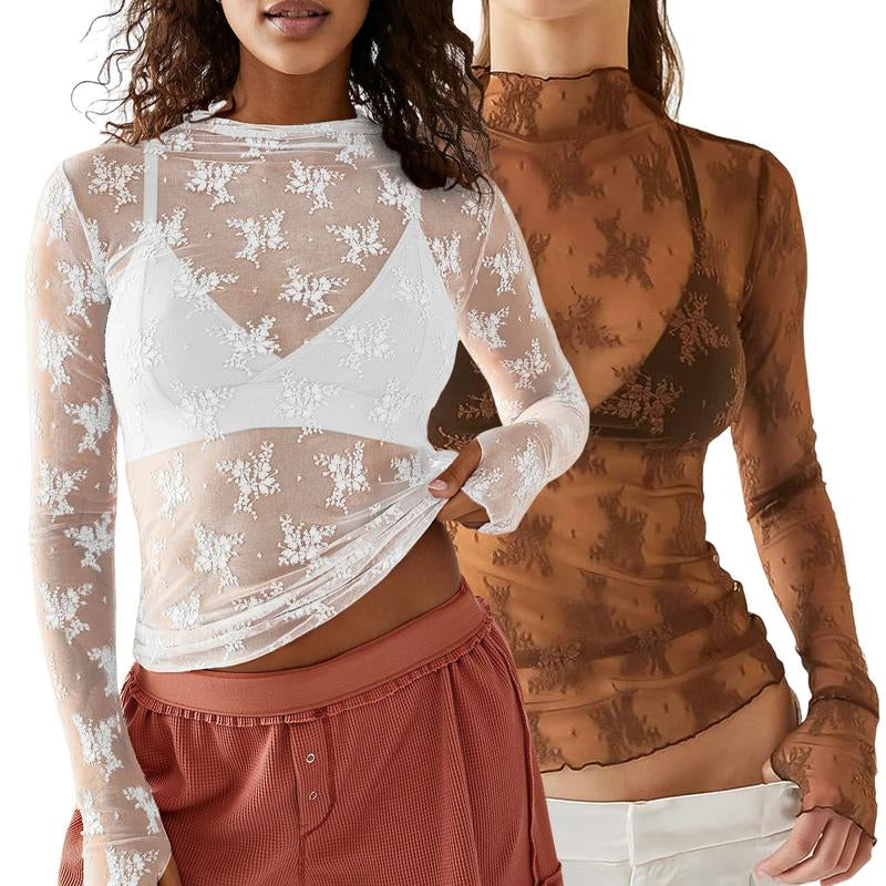 Arssm 2-Pieces Mature Lace Tops for Women'S Mesh Long Sleeve Mock Neck Sheer Blouse Floral See through Layering Top Slim Shirts Casual Chic Fitted Elegant Summer Outfit - Womenswear