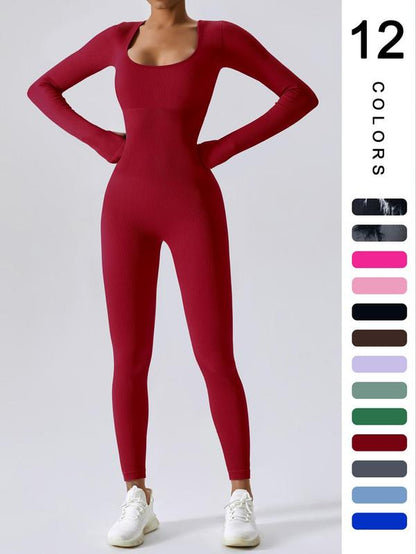 Women'S Solid Ribbed Long Sleeve Sports Playsuit Tummy Control Jumpsuit, Workout Ribbed Long Sleeve Exercise Bodycon Jumpsuit, Seamless Jumpsuits One-Piece Yoga Suit, Summer Outfits 2024